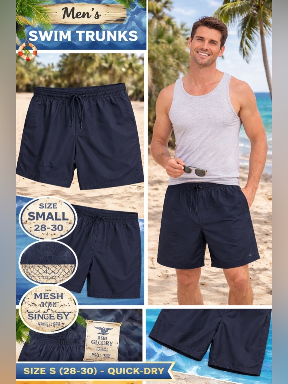 Faded Glory swim trunks Navy Drawstring Shorts SMALL 28-30